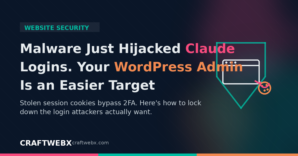 Featured Image Alt Text Illustration of a browser window and cookie icon being stolen, representing session hijacking risk for WordPress admin accounts
